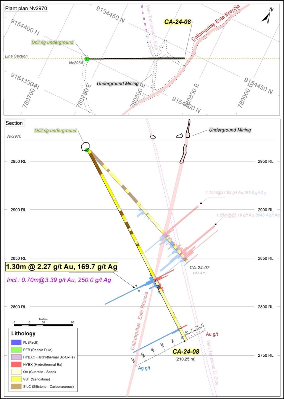 Location y Section DDH CA-24-08 (Assay)