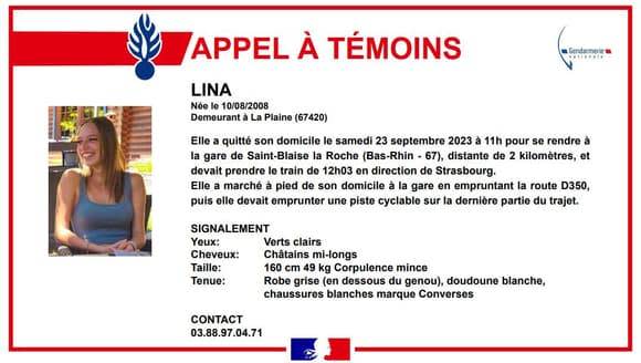 L’avis de recherche publié par la Gendarmerie de Schirmeck pour retrouver Lina, 15 ans.