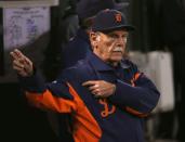 Manager Jim Leyland #10 of the Detroit Tigers gestures for a relief pitcher in the seventh inning against the Oakland Athletics during Game Three of the American League Division Series at Oakland-Alameda County Coliseum on October 9, 2012 in Oakland, California. (Photo by Ezra Shaw/Getty Images)