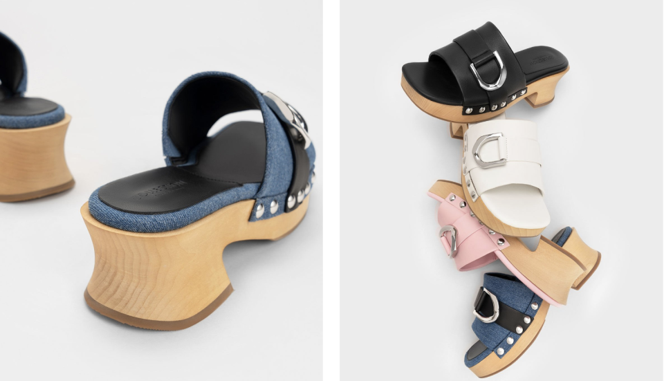 Gabine Studded Denim & Leather Clogs comes in pink, white, black and denim blue.