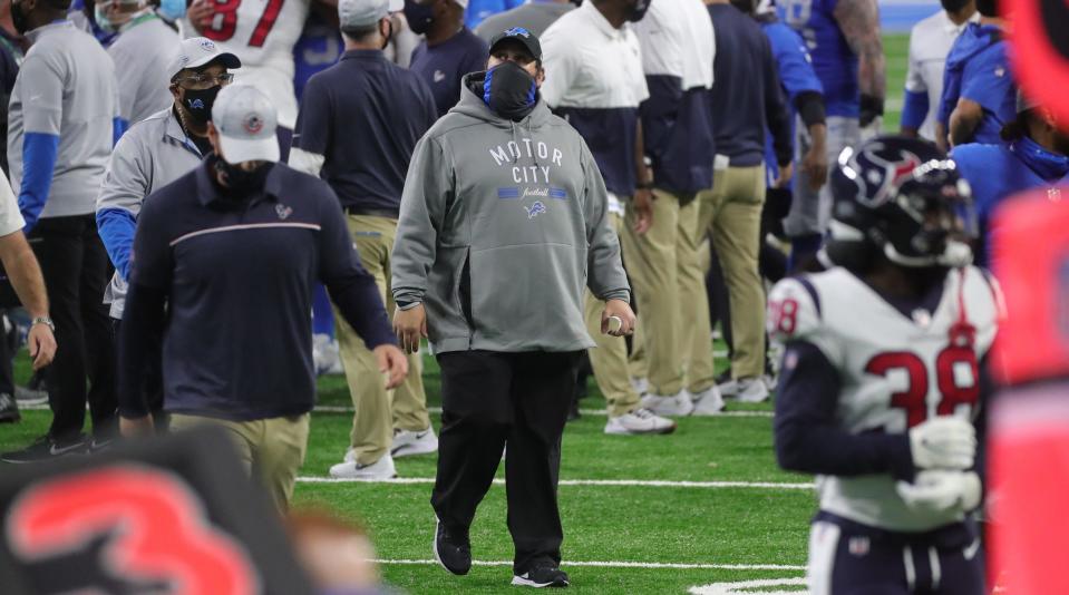 Detroit Lions head coach Matt Patricia walks off the field after the 41-25 loss to the Houston Texans at Ford Field, Thursday, Nov. 26, 2020.