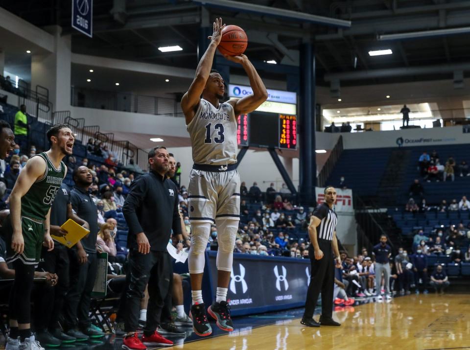 Monmouth's Marcus McClary finished with 18 points in the Hawks' 78-62 win over Manhattan at OceanFirst Bank Center in West Long Branch on Jan. 23, 2022.