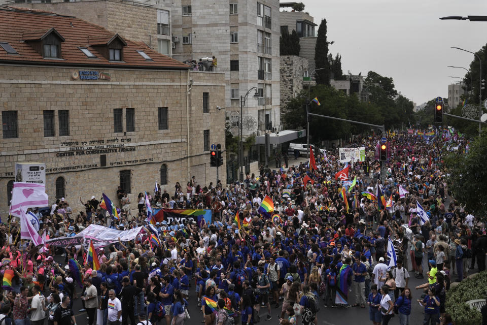 Thousands of participants march in the annual Pride parade in Jerusalem, Thursday, June 1, 2023. (AP Photo/Mahmoud Illean)