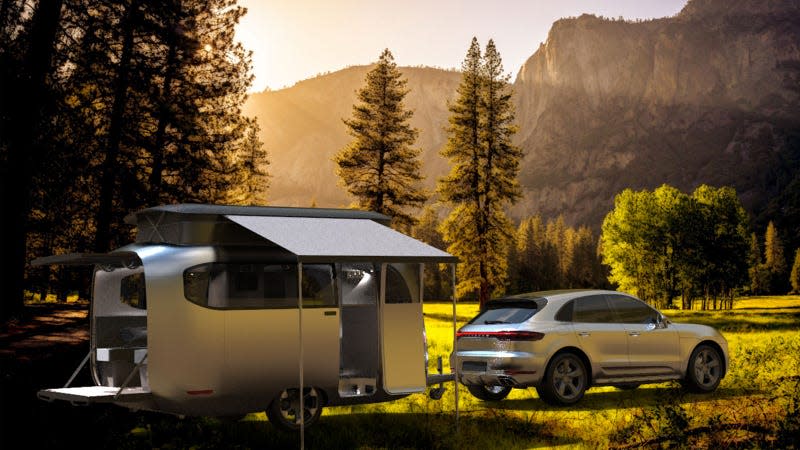 A render of a Porsche car towing an Airstream trailer. 