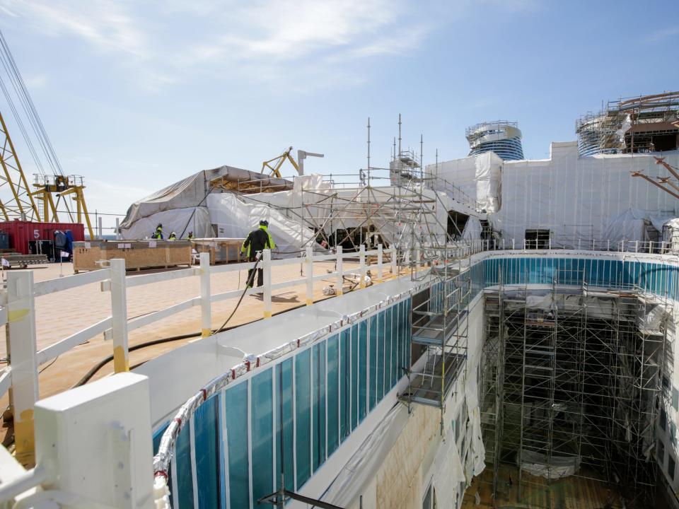 An outdoor space aboard Royal Caribbean's Icon of the Seas cruise ship under construction.