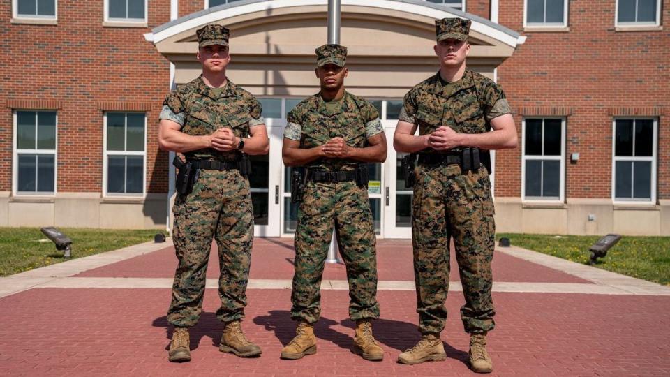 From left to right: Cpl. John Darby, Lance Cpl. Nicholas Dural and Cpl. Bradley Feldkamp helped prevent a knifing at a Virginia Chick-fil-A, according to the local sheriff's office. (Gunnery Sgt. Matthew Bragg/Marine Corps)