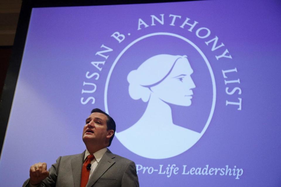 Sen. Ted Cruz, R-Texas speaks at the Susan B. Anthony List "Campaign for Life Gala and Summit", a gathering of anti-abortion advocates, in Washington, Wednesday, March 12, 2014. Looking to aid political candidates who share their views, anti-abortion activists are auditioning potential 2016 presidential contenders. Like many evangelicals, the Susan B. Anthony List is in search of an anti-abortion crusader who has a shot at winning the Republican nomination in 2016 after back-to-back presidential nominees that left the socially conservative wing of the GOP ambivalent at best. (AP Photo/Charles Dharapak)