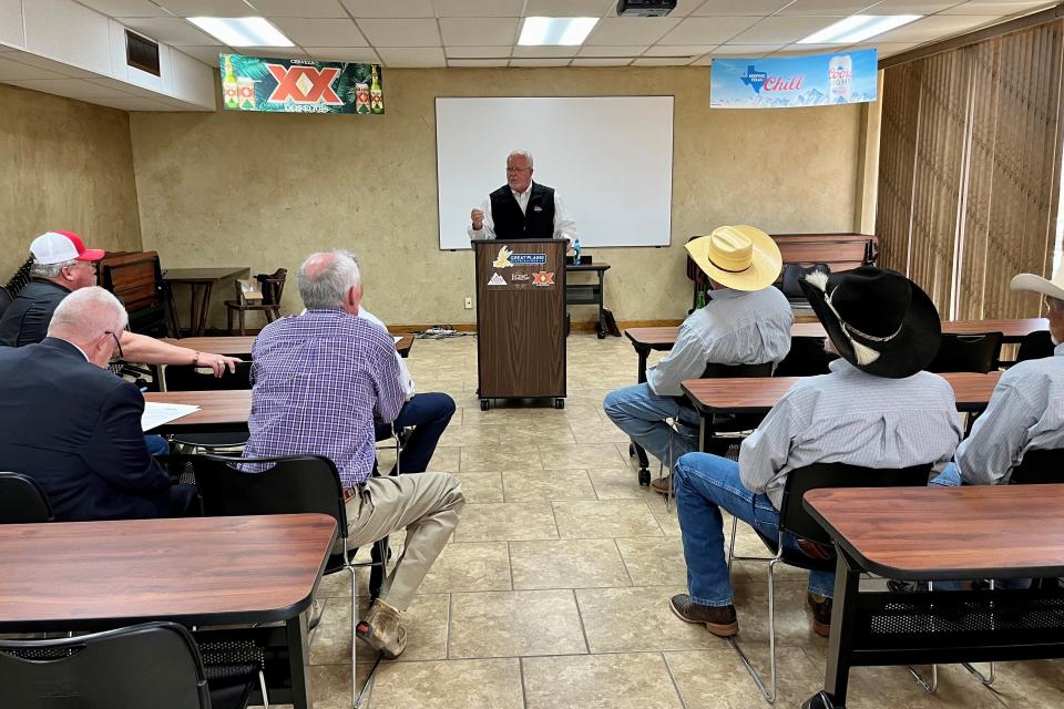 Randy Jordan, chair of the Lubbock County Expo Center steering committee, speaks at a news conference at Great Plains Distributors on April 11.