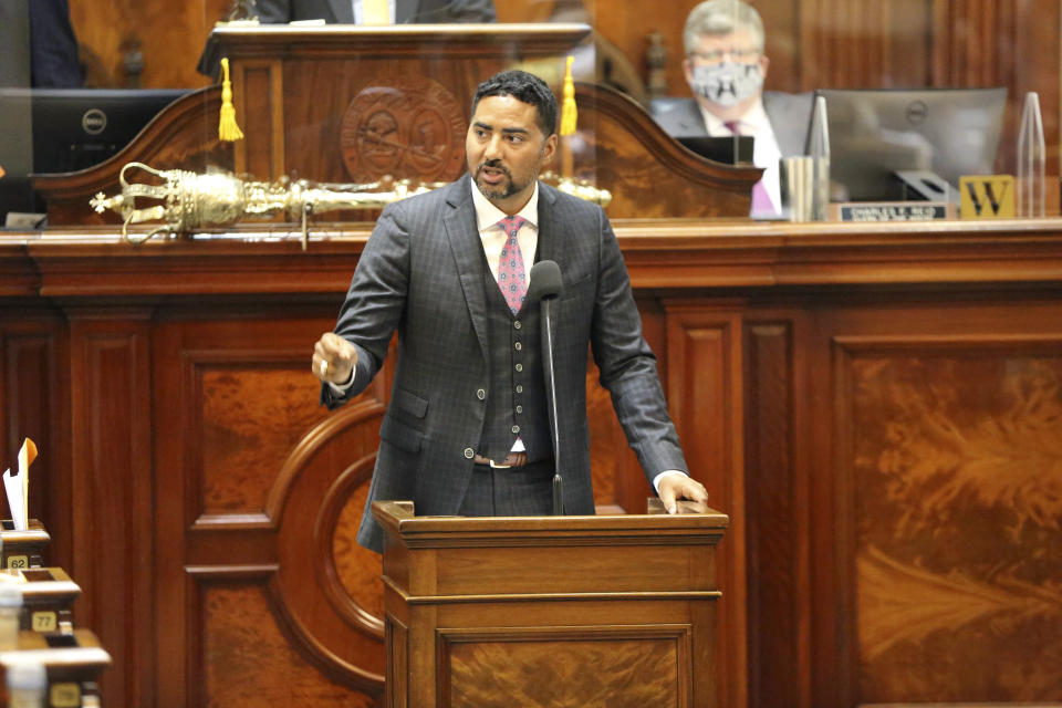 South Carolina Rep. Justin Bamberg, D-Bamberg, speaks against a proposal to add firing squads to the state's methods of execution along with the electric chair and lethal injection on Wednesday, May 5, 2021, in Columbia, S.C. The state hasn't executed anyone in 10 years because it can no longer obtain the lethal injection drugs. (AP Photo/Jeffrey Collins)