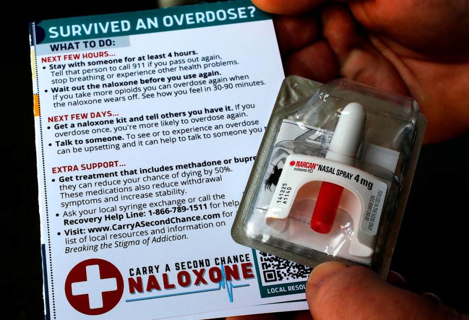 A Narcan nasal spray kit with bi-lingual instructions is part of a partnership program between local fire departments and the Benton Franklin Health District for overdose survivors.