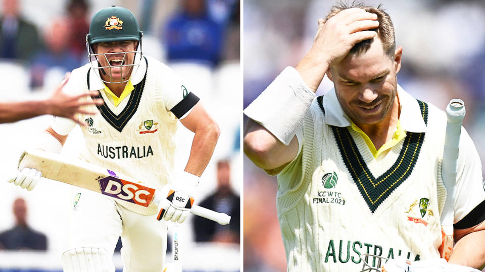 David Warner calls for a run and Warner walks off the field after his dismissal.