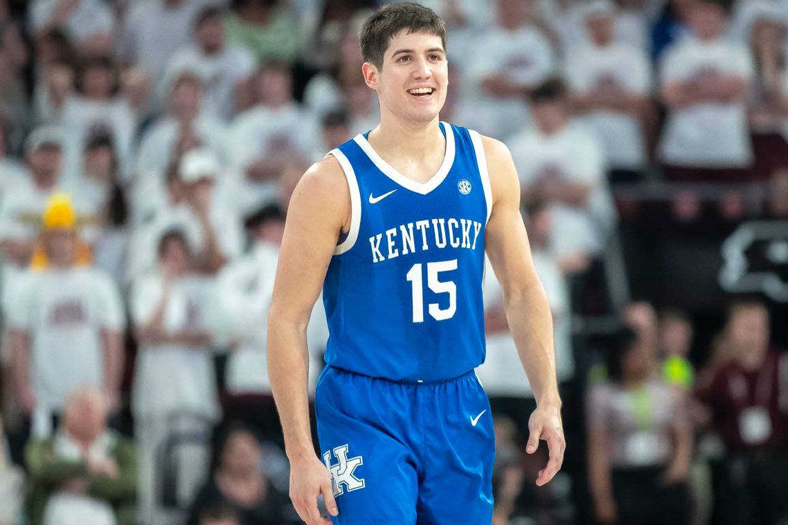 Kentucky guard Reed Sheppard (15) smiles during a game against Mississippi State in Starkville, Miss., on Feb. 27. Ryan C. Hermens/rhermens@herald-leader.com