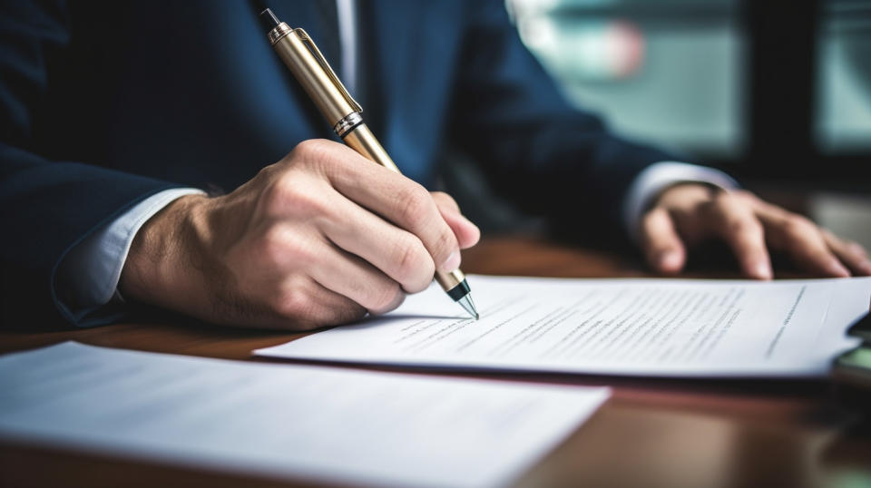 A customer signing a loan document in a bank office, emphasizing the importance of financial literacy.