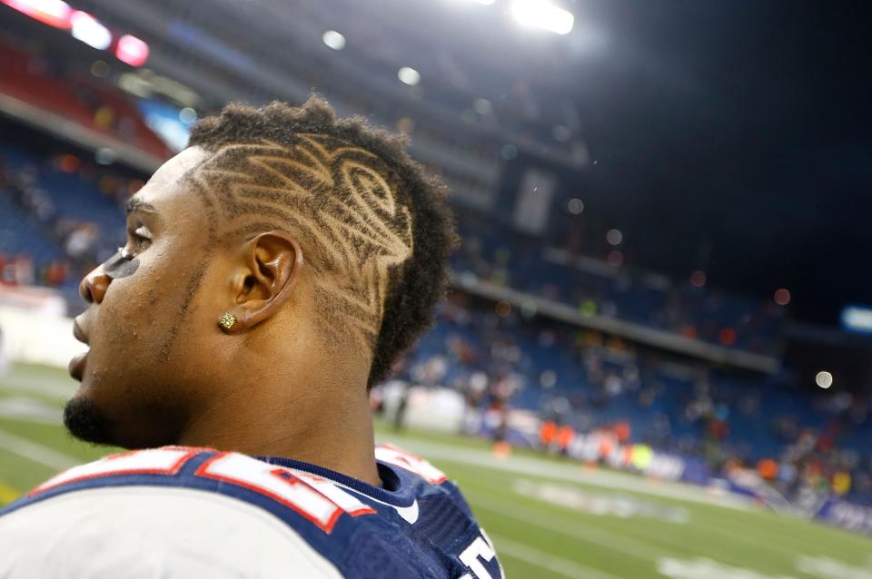 The haircut of Stevan Ridley #22 of the New England Patriots is shown following their 42-14 win over the Houston Texans at Gillette Stadium on December 10, 2012 in Foxboro, Massachusetts. (Photo by Jared Wickerham/Getty Images)