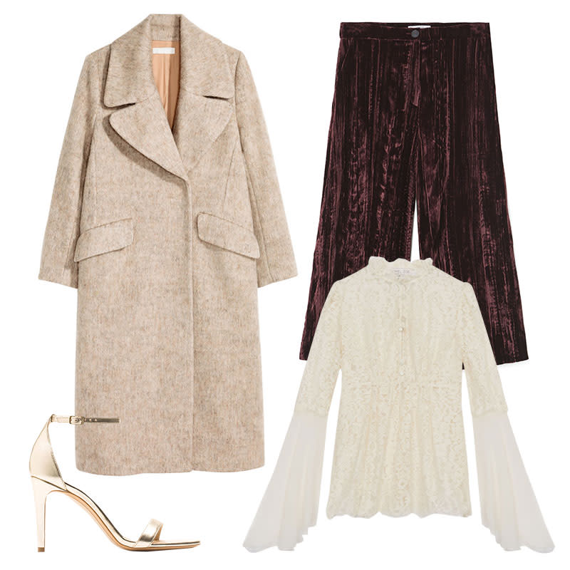 <a rel="nofollow noopener" href="http://rstyle.me/n/b8xvsmjduw" target="_blank" data-ylk="slk:Wool-Blend Coat, H&M, $149Choose a ladylike, high-neck lace blouse to team with pleated velvet trousers. Keep warm with a neutral-colored overcoat and finish with metallic ankle-strap heels.;elm:context_link;itc:0;sec:content-canvas" class="link ">Wool-Blend Coat, H&M, $149<p>Choose a ladylike, high-neck lace blouse to team with pleated velvet trousers. Keep warm with a neutral-colored overcoat and finish with metallic ankle-strap heels.</p> </a><a rel="nofollow noopener" href="http://www.anrdoezrs.net/links/3550561/type/dlg/http://shop.mango.com/US/p0/woman/clothing/pants/culottes/cropped-velvet-trousers?id=71075590_76&n=1&s=prendas.pantalones" target="_blank" data-ylk="slk:Cropped Velvet Trousers, Mango, $130Choose a ladylike, high-neck lace blouse to team with pleated velvet trousers. Keep warm with a neutral-colored overcoat and finish with metallic ankle-strap heels.;elm:context_link;itc:0;sec:content-canvas" class="link ">Cropped Velvet Trousers, Mango, $130<p>Choose a ladylike, high-neck lace blouse to team with pleated velvet trousers. Keep warm with a neutral-colored overcoat and finish with metallic ankle-strap heels.</p> </a><a rel="nofollow noopener" href="https://shoprachelzoe.com/shop/ready-to-wear/tops/cynthia-lace-blouse/?attribute_pa_c%20olor=ecr" target="_blank" data-ylk="slk:Cynthia Lace Blouse, Rachel Zoe, $395Choose a ladylike, high-neck lace blouse to team with pleated velvet trousers. Keep warm with a neutral-colored overcoat and finish with metallic ankle-strap heels.;elm:context_link;itc:0;sec:content-canvas" class="link ">Cynthia Lace Blouse, Rachel Zoe, $395<p>Choose a ladylike, high-neck lace blouse to team with pleated velvet trousers. Keep warm with a neutral-colored overcoat and finish with metallic ankle-strap heels.</p> </a><a rel="nofollow noopener" href="http://www.massimodutti.com/us/women/shoes/view-all/laminated-sandals-with-straps-c1475029p7364195.html?colorId=253" target="_blank" data-ylk="slk:Laminated Sandals with Straps, Massimo Dutti, $140Choose a ladylike, high-neck lace blouse to team with pleated velvet trousers. Keep warm with a neutral-colored overcoat and finish with metallic ankle-strap heels.;elm:context_link;itc:0;sec:content-canvas" class="link ">Laminated Sandals with Straps, Massimo Dutti, $140<p>Choose a ladylike, high-neck lace blouse to team with pleated velvet trousers. Keep warm with a neutral-colored overcoat and finish with metallic ankle-strap heels.</p> </a><ul> <strong>Related Articles</strong> <li><a rel="nofollow noopener" href="http://thezoereport.com/fashion/style-tips/box-of-style-ways-to-wear-cape-trend/?utm_source=yahoo&utm_medium=syndication" target="_blank" data-ylk="slk:The Key Styling Piece Your Wardrobe Needs;elm:context_link;itc:0;sec:content-canvas" class="link ">The Key Styling Piece Your Wardrobe Needs</a></li><li><a rel="nofollow noopener" href="http://thezoereport.com/beauty/celebrity-beauty/khloe-kardashian-drugstore-shampoo/?utm_source=yahoo&utm_medium=syndication" target="_blank" data-ylk="slk:You Can Buy Khloé Kardashian's Favorite Shampoo At Target;elm:context_link;itc:0;sec:content-canvas" class="link ">You Can Buy Khloé Kardashian's Favorite Shampoo At Target</a></li><li><a rel="nofollow noopener" href="http://thezoereport.com/beauty/celebrity-beauty/zendaya-hairstyles/?utm_source=yahoo&utm_medium=syndication" target="_blank" data-ylk="slk:Zendaya Explains Why She Experiments With Different Hairstyles;elm:context_link;itc:0;sec:content-canvas" class="link ">Zendaya Explains Why She Experiments With Different Hairstyles</a></li></ul>