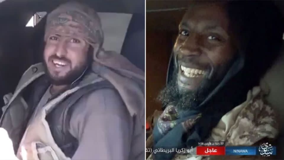 Reported ISIS supporters grin for camera before suicide attack at Mosul on Monday. R: British-born Abu Zakariya al-Britani. Photos: Chris Tomson.