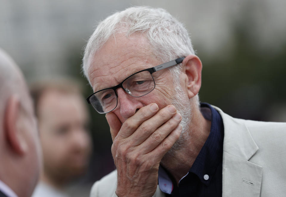 LIVERPOOL, ENGLAND - JULY 26: Labour leader Jeremy Corbyn speaks to members of the public during a visit to outline plans for Labour's green industrial revolution in the North on July 26, 2019 in Liverpool, England. (Photo by Darren Staples/Getty Images)