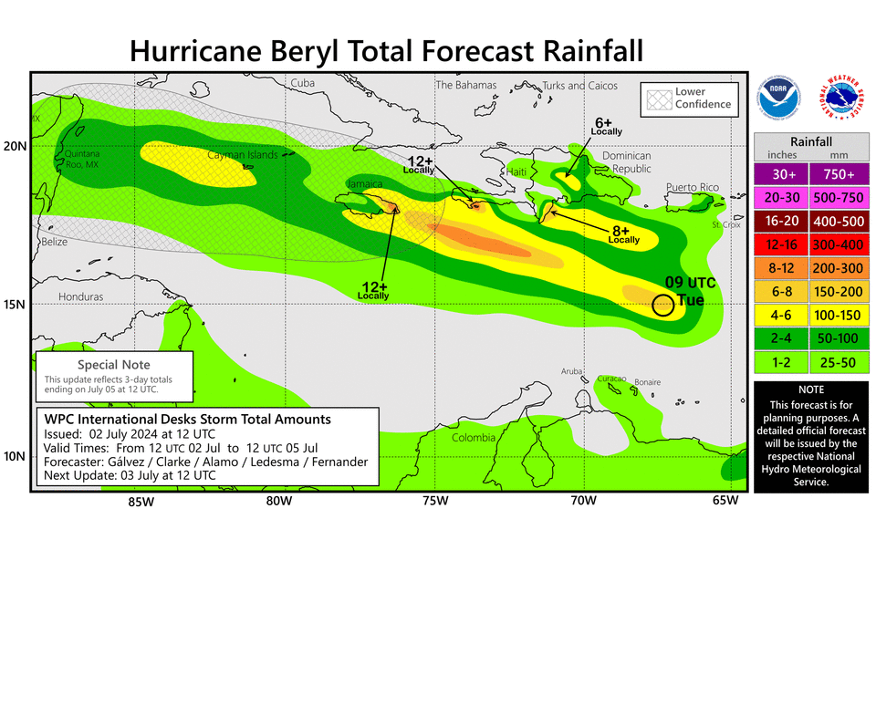 The latest rain forecast for Hurricane Beryl as it moves through the Caribbean. July 2, 2024.  / Credit: NOAA