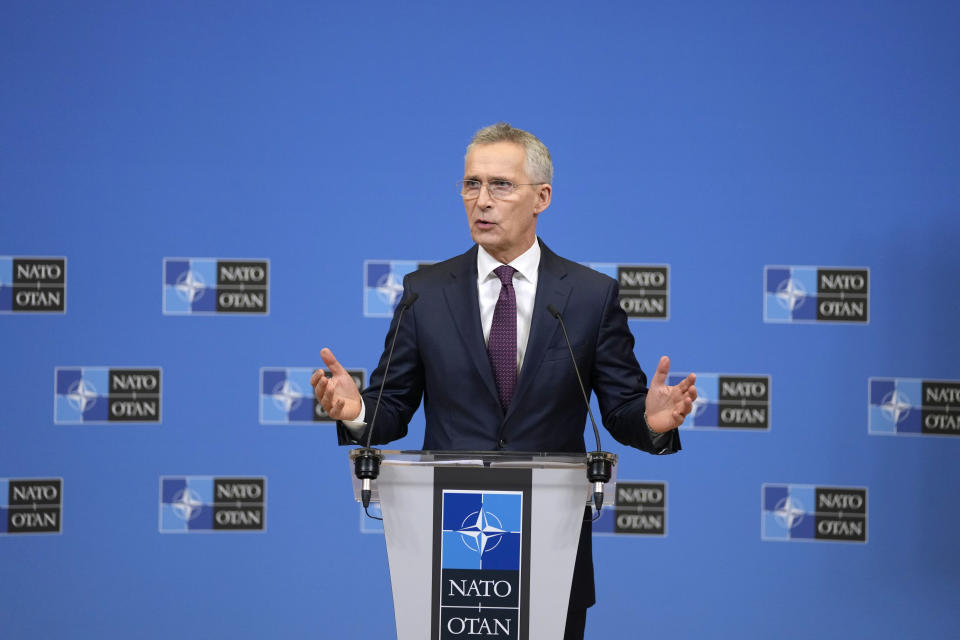 NATO Secretary General Jens Stoltenberg speaks during the launch of the NATO Secretary General's Annual Report for 2022 at NATO headuarters in Brussels, Tuesday, March 21, 2023. (AP Photo/Virginia Mayo)