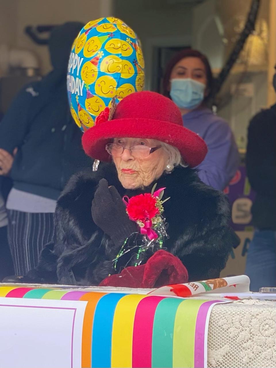 Edie Recagno Keenan Ceccarelli celebrates her 115th birthday in Willits, California, in Feb. 2023.