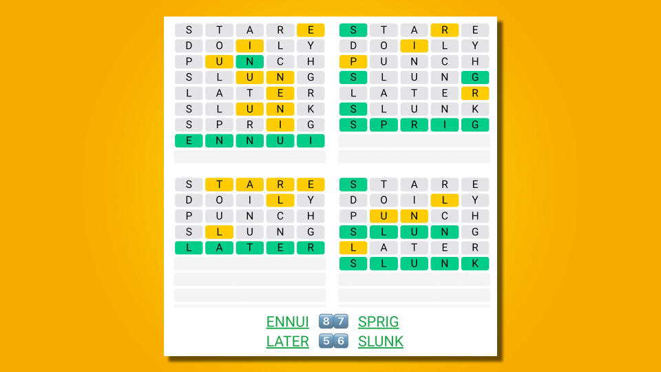 Quordle answers for game 479 on a yellow background