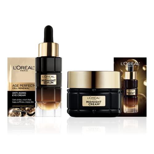 L'Oreal Paris Age Perfect Anti-Aging Midnight Face Serum 1 oz + Midnight Cream 1.7 oz, Smooths Wrinkles & Firms Skin + Eye Cream & Serum Sample