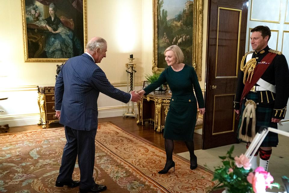 King Charles III meets Prime Minister Liz Truss during their weekly audience at Buckingham Palace on October 12, 2022 in London, England.