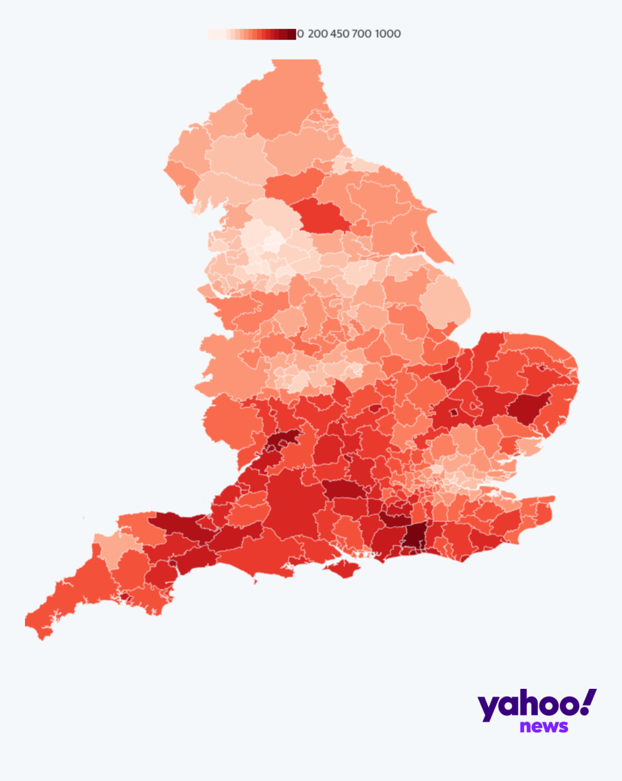 Map showing number of COVID cases in the UK, in February, by local authority.