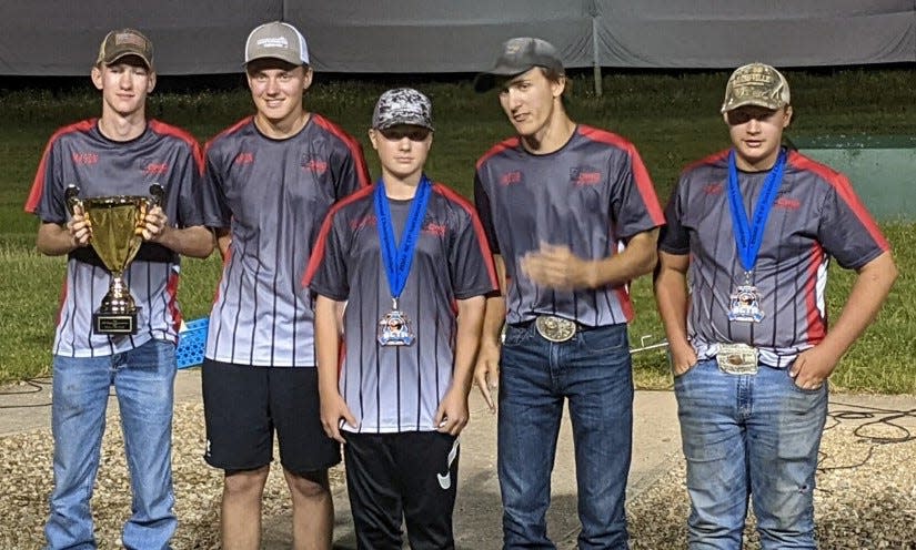 The Wooster-based Ohio Claybusters team finished fifth in high overall. Representing some of the shooters who helped the local youth shooting sports team accomplish the feat at the Scholastic Clay Target Program Nationals were Mason Dye (left), Aron Kovacs, Clayton Kovacs, Jacob O’Brien and Lane Adkins.