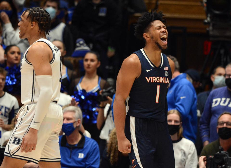 Virginia Cavaliers forward Jayden Gardner (1) reacts after scoring during the second half against the Duke Blue Devils at Cameron Indoor Stadium. The Cavaliers won 69-68.