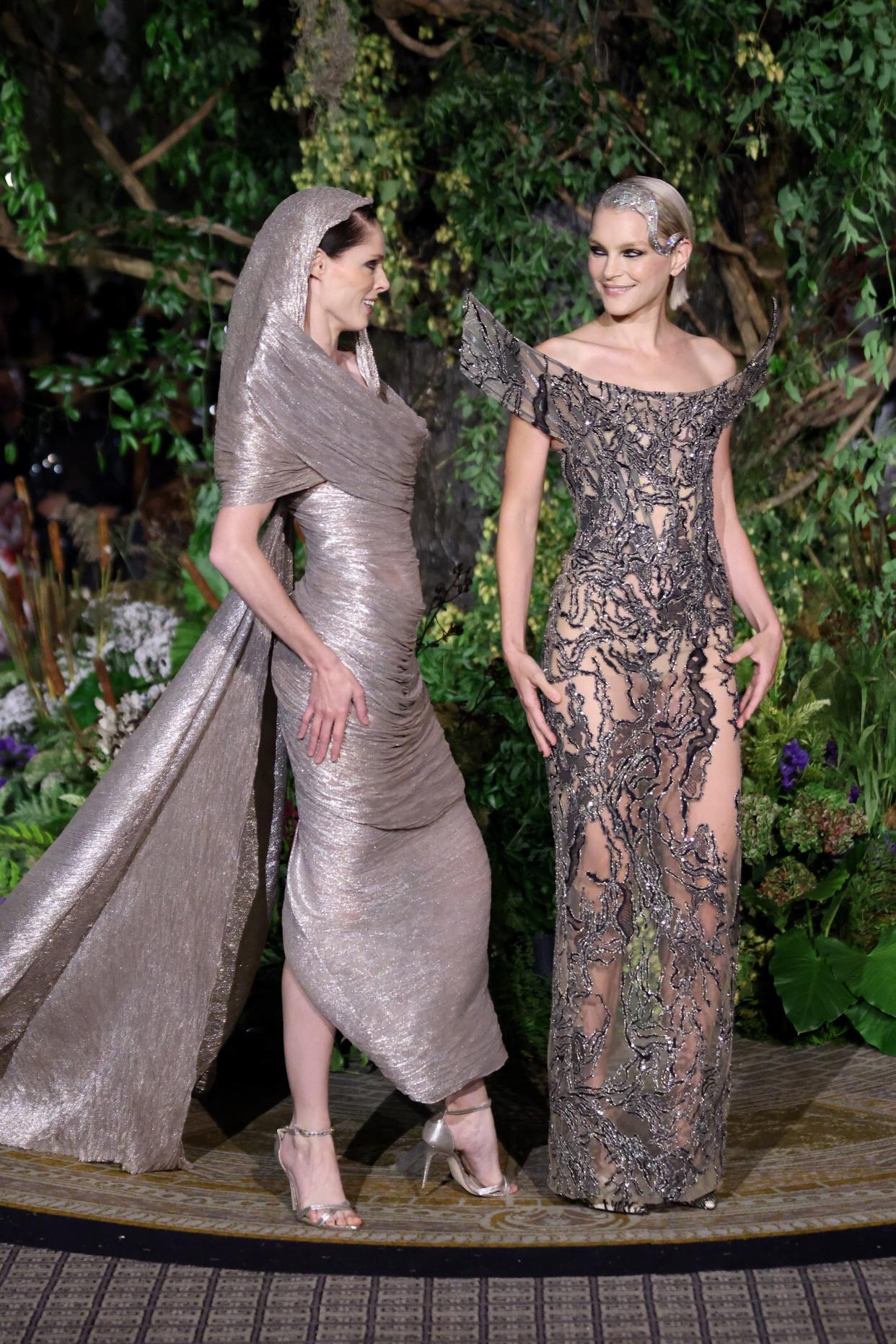 Coco Rocha and Jessica Stam walk the runway at the Christian Siriano spring/summer 2025 runway show at The Pierre Hotel on Sept. 6, 2024, in New York City.