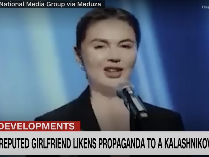 A screenshot from CNN coverage of a speech by Alina Kabaeva in early February 2023. Kabaeva talks in front of a blue background. The chyron reads: 