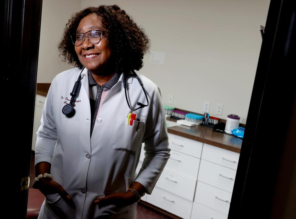 Dr. Tessy Jenkins, who has been a neurologist for the past 39 years, inside her Northwest Neurology Clinic offices in Southfield on Wednesday, Feb. 28, 2024. Jenkins is a big believer in using CBD gummies, ointments and drops that go under your tongue to help control and ease the pain of various ailments in the body.