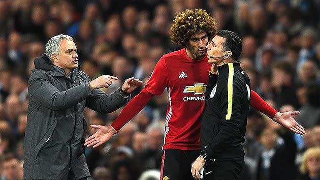 Fellaini was given a straight red card late in the match.Pic: Getty