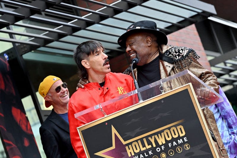 HOLLYWOOD, CALIFORNIA - MARCH 31: Anthony Kiedis and George Clinton attend the ceremony honoring Red Hot Chili Peppers with a star on the Hollywood Walk of Fame on March 31, 2022 in Hollywood, California. 