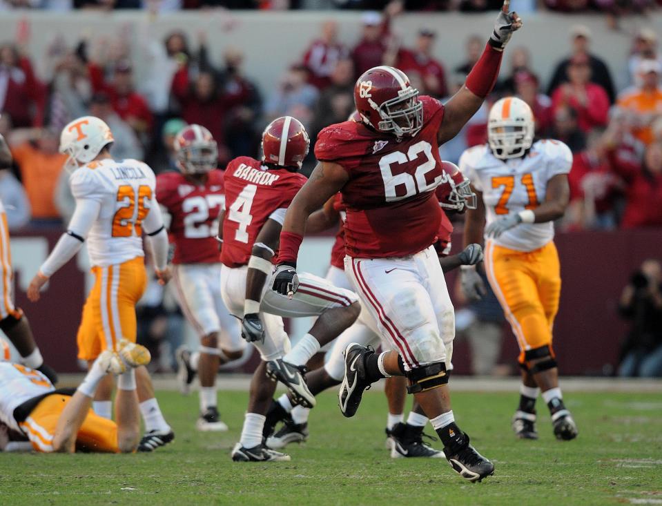 Alabama defensive lineman Terrence Cody (62) celebrates after blocking a field goal attempt by Tennessee during the third quarter of college football action at Bryant-Denny Stadium in Tuscaloosa, Ala., Saturday, Oct. 24, 2009.