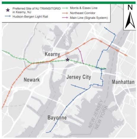 A map of NJ Transit's power project called Transitgrid. The star represents where a gas-fired power plant would be built. It shows the rail lines to which it would supply electricity.