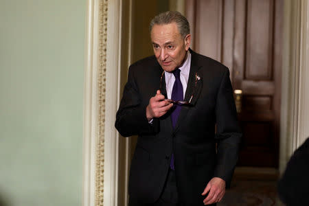 Senate Minority Leader Chuck Schumer (D-NY) arrives to speak with reporters after his closed meeting with U.S. attorney general nominee William Barr on Capitol Hill in Washington, U.S., January 16, 2019. REUTERS/Yuri Gripas