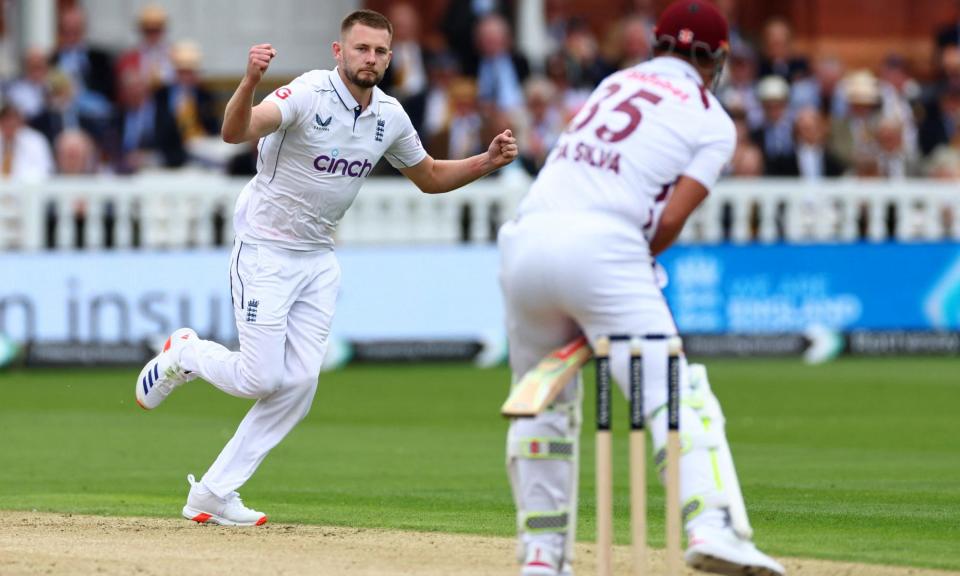 <span>England’s Gus Atkinson celebrates his fifth wicket of seven as Joshua Da Silva is caught behind.</span><span>Photograph: Andrew Boyers/Action Images/Reuters</span>