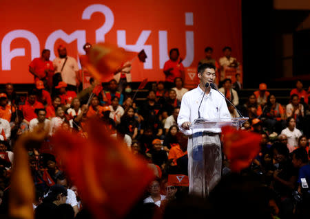 Thanathorn Juangroongruangkit, leader of the Future Forward Party, speaks during his campaign rally in Bangkok, Thailand, March 22, 2019.REUTERS/Soe Zeya Tun
