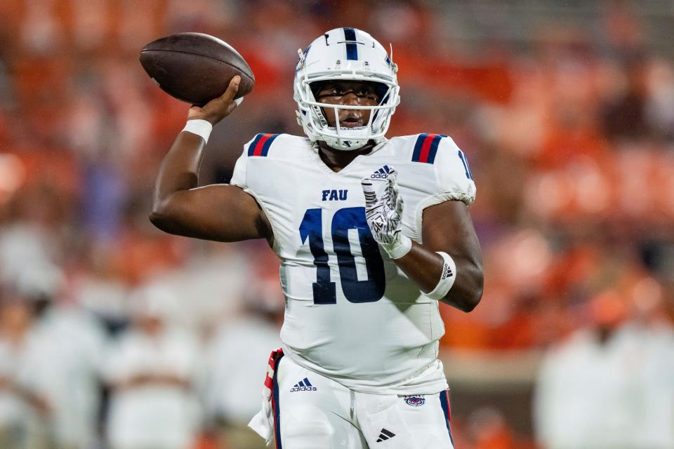 Florida Atlantic quarterback Daniel Richardson (10) passes the ball against Clemson during an NCAA college football game on Saturday, Sep. 16, 2023, in Clemson, S.C. (AP Photo/Jacob Kupferman)