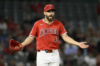 Los Angeles Angels starting pitcher Patrick Sandoval reacts to a balk call during the fourth inning of the team's baseball game against the Tampa Bay Rays in Anaheim, Calif., Tuesday, April 9, 2024. (AP Photo/Alex Gallardo)