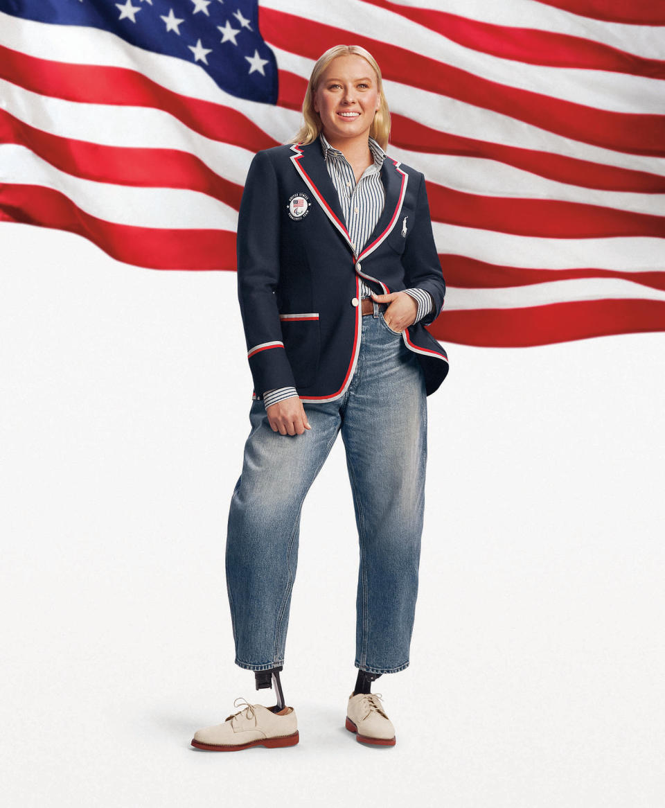 Swimmer Jessica Long models Ralph Lauren's Team USA  opening ceremony uniform for the 2024 Paris Olympics. (Courtesy Ralph Lauren)