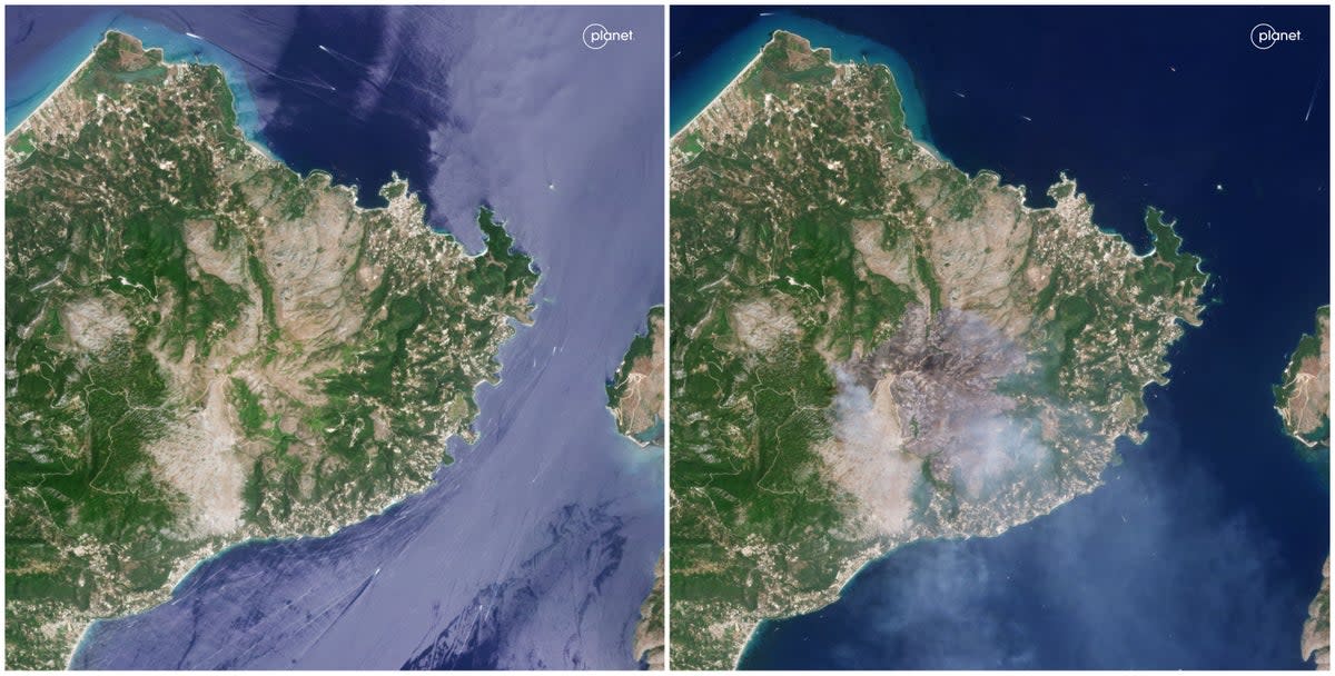 (L) New fire spreading in Corfu on 22 July compared to the damages recorded on the island on 24 July (Planet Labs PBC)