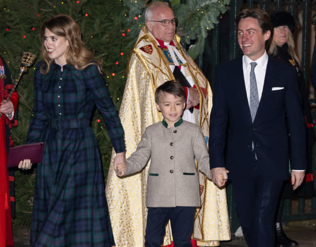 LONDON, ENGLAND – DECEMBER 08: Princess Beatrice, Christopher Woolf, and Edoardo Mapelli Mozzi attend The “Together At Christmas” Carol Service at Westminster Abbey on December 08, 2023 in London, England. <em>Photo by Jeff Spicer/Getty Images.</em>
