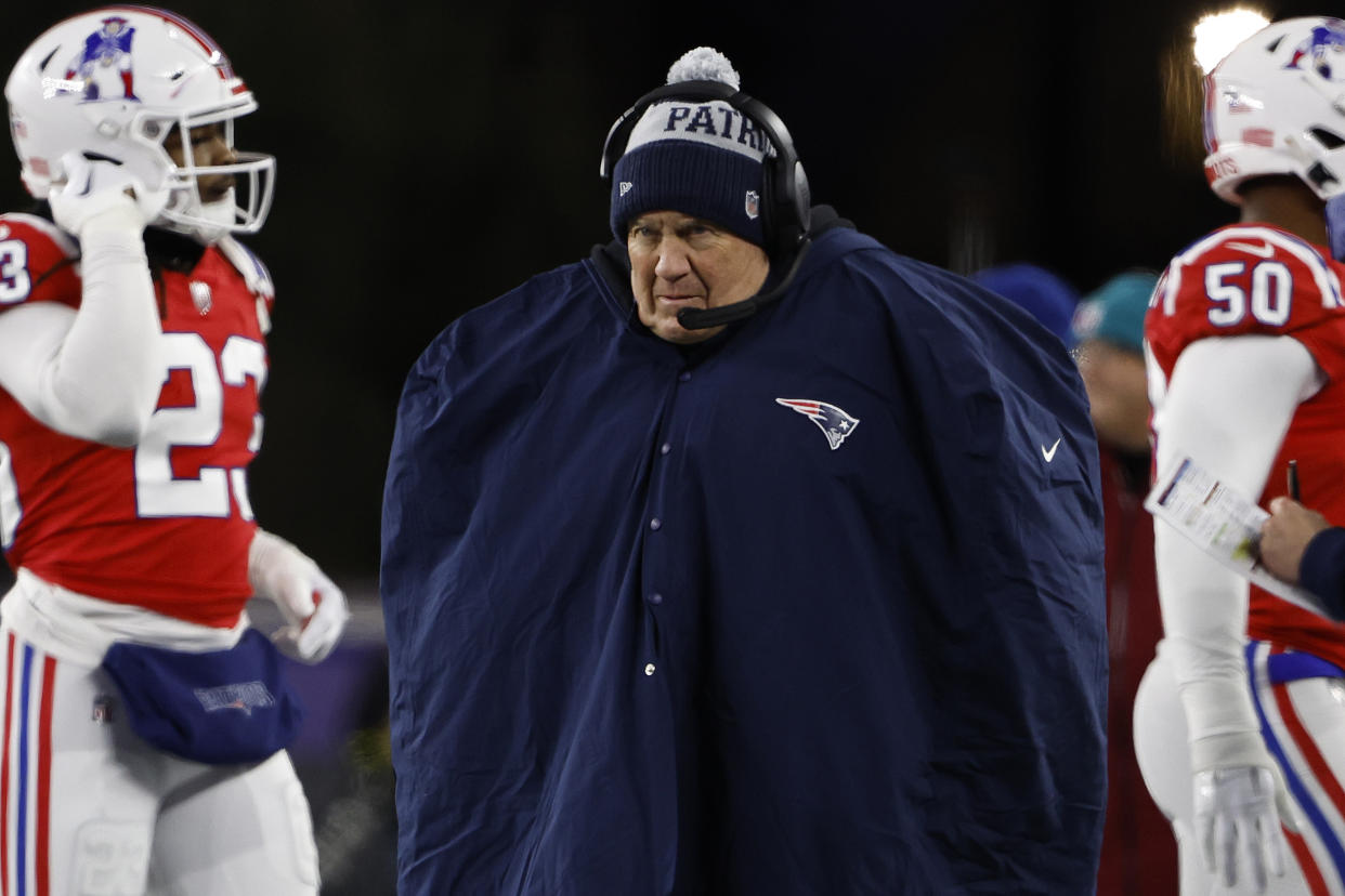 New England Patriots head coach Bill Belichick wearing a sidelines coat during an NFL football game against the Buffalo Bills at Gillette Stadium, Thursday, Dec. 1, 2022 in Foxborough, Mass. (Winslow Townson/AP Images for Panini)