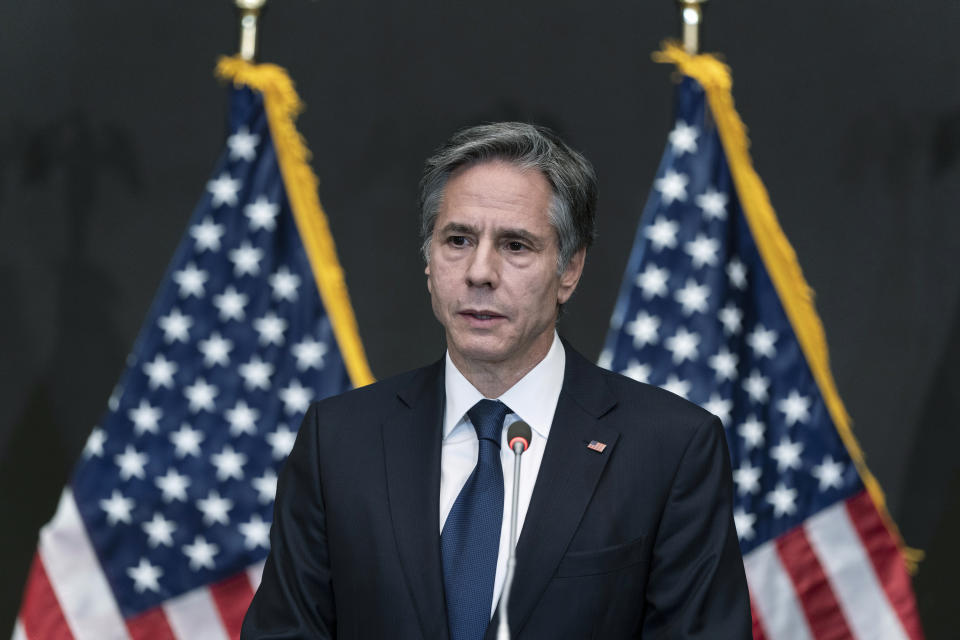 Secretary of State Antony Blinken speaks with reporters during a media availability, Wednesday, May 26, 2021, in Amman, Jordan. (AP Photo/Alex Brandon, Pool)