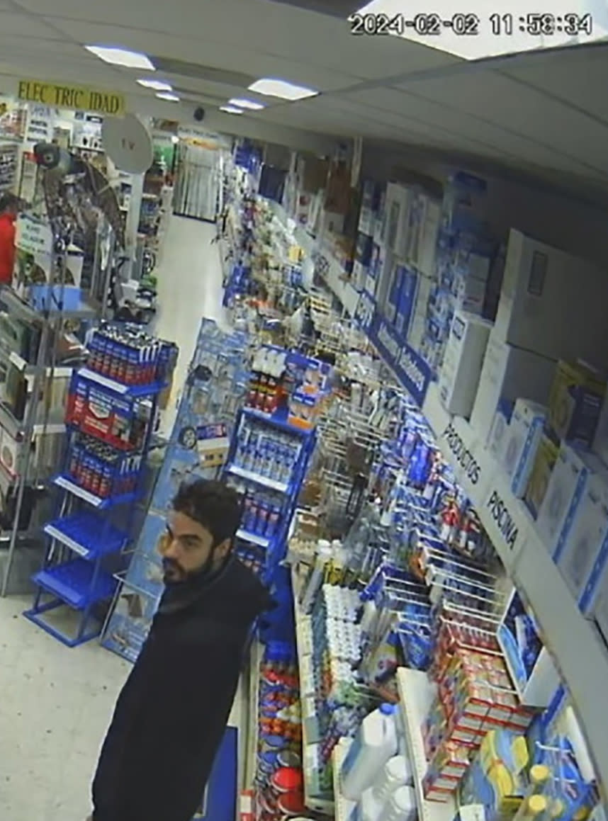 This image taken from video provided by U.S. Attorney’s Office, Miami shows allegedly David Knezevich in a hardware store, on Feb. 2, 2024, in Madrid. The Florida businessman is accused in the February disappearance of his estranged wife in Spain. Knezevich, 36, pleaded not guilty on Monday, June 10, during a brief hearing at Miami's federal courthouse. (U.S. Attorney’s Office, Miami via AP)