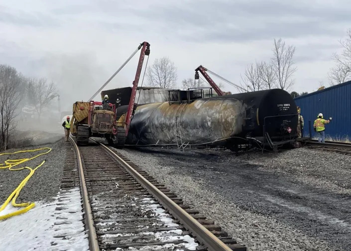 Several cars that contained hazardous chemicals burned after the Feb. 3, 2023, derailment. <a href=