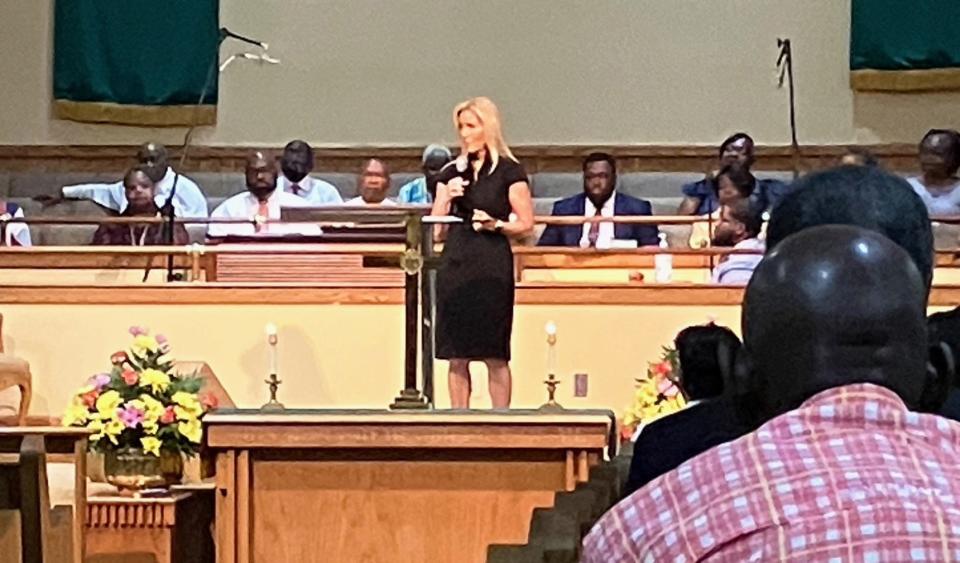 Jacksonville Mayor Donna Deegan at an emotional prayer vigil Sunday at St. Paul AME Church for the victims, their families and the community following Saturday's racially motivated shooting of three Black people at nearby Dollr General.